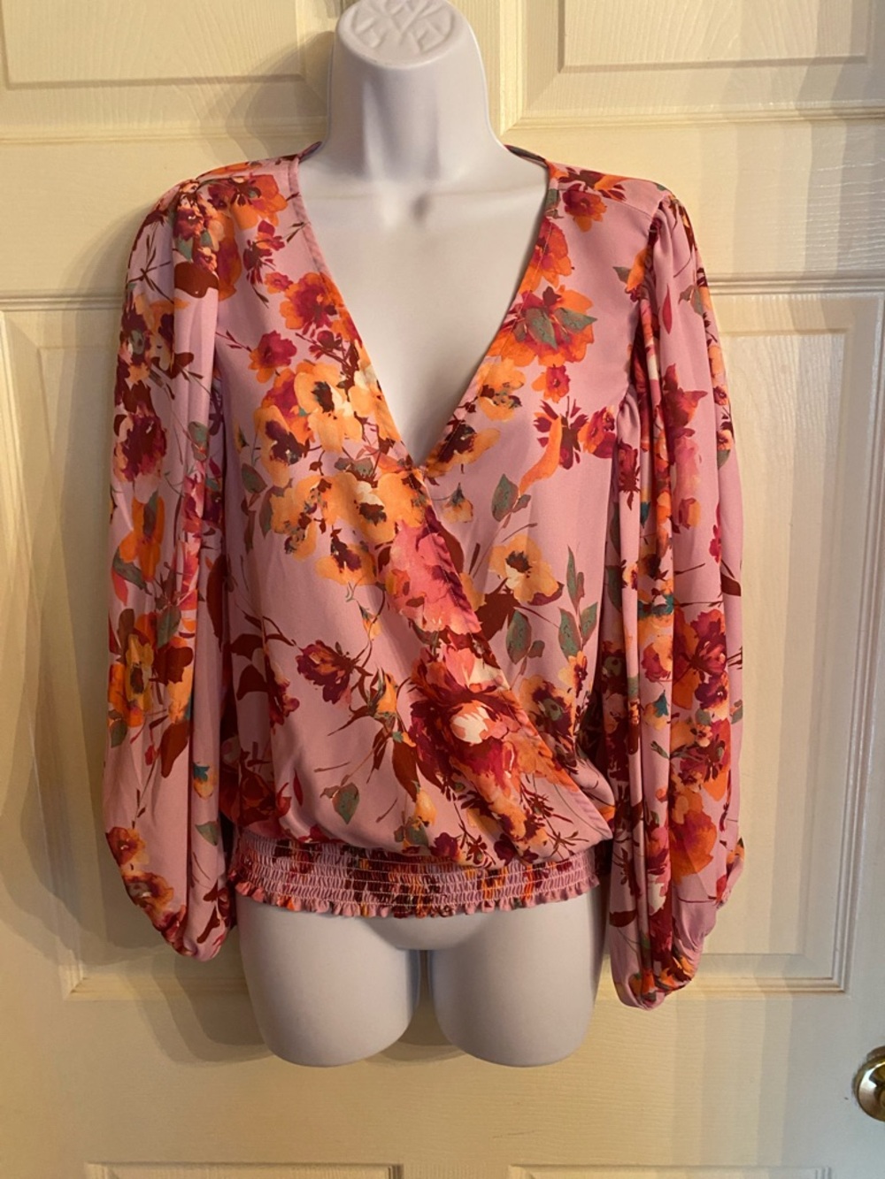 CeCe Pink Floral Wrap Blouse with Orange Accents